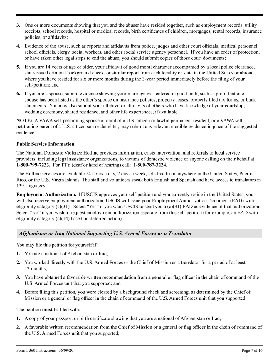 Instructions for USCIS Form I-360 Petition for Amerasian, Widow(Er), or Special Immigrant, Page 7