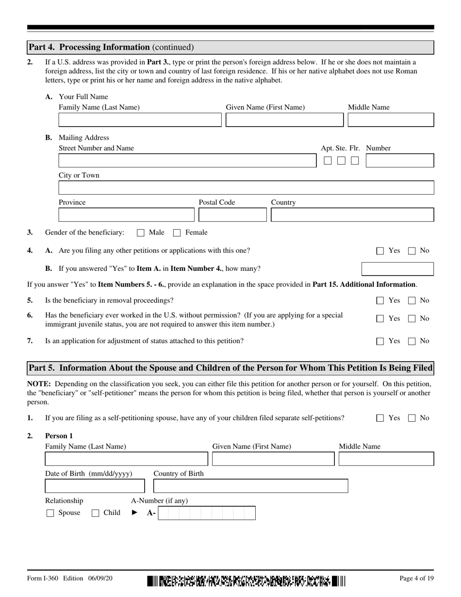 USCIS Form I-360 Petition for Amerasian, Widow(Er), or Special Immigrant, Page 4