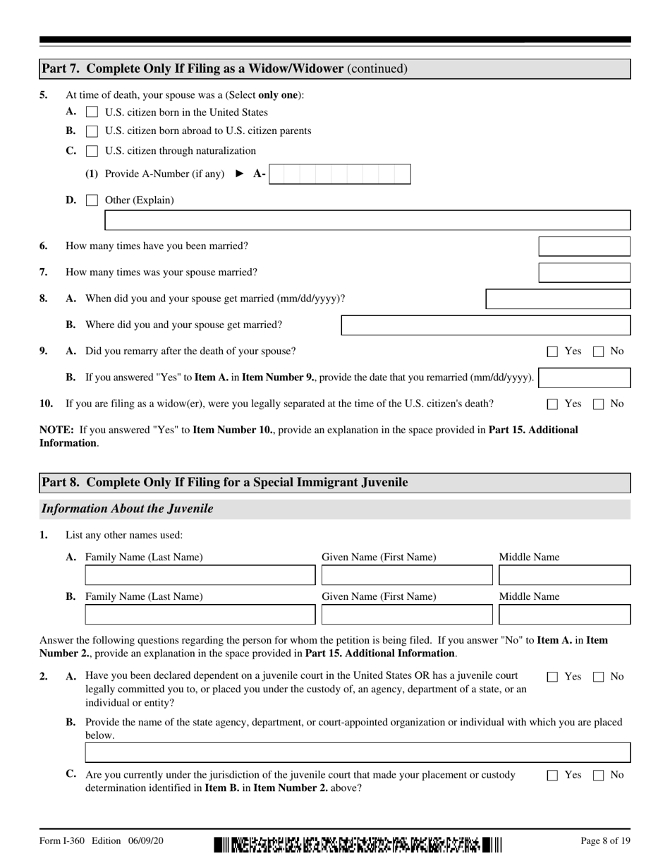 USCIS Form I-360 Petition for Amerasian, Widow(Er), or Special Immigrant, Page 8