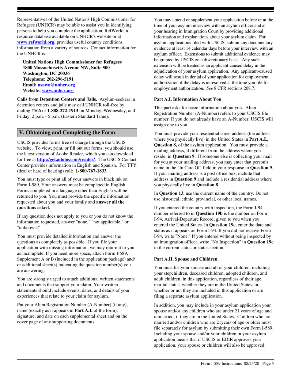 Instructions for USCIS Form I-589 Application for Asylum and for Withholding of Removal, Page 5