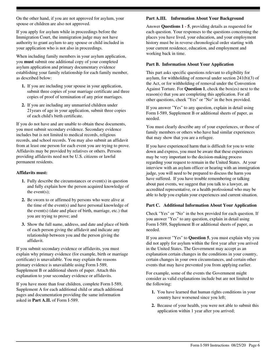 Instructions for USCIS Form I-589 Application for Asylum and for Withholding of Removal, Page 6