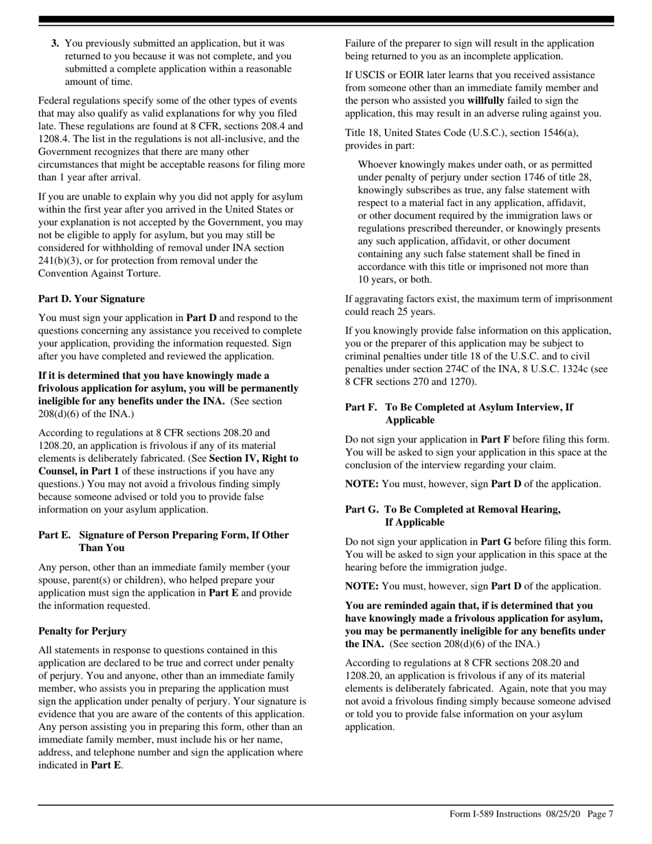 Instructions for USCIS Form I-589 Application for Asylum and for Withholding of Removal, Page 7
