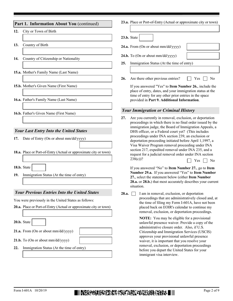 USCIS Form I-601A Application for Provisional Unlawful Presence Waiver, Page 2