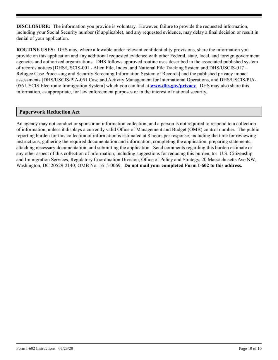 Instructions for USCIS Form I-602 Application by Refugee for Waiver of Inadmissibility Grounds, Page 10