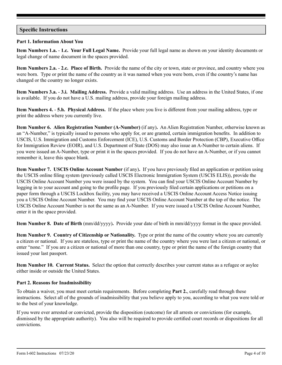 Instructions for USCIS Form I-602 Application by Refugee for Waiver of Inadmissibility Grounds, Page 4