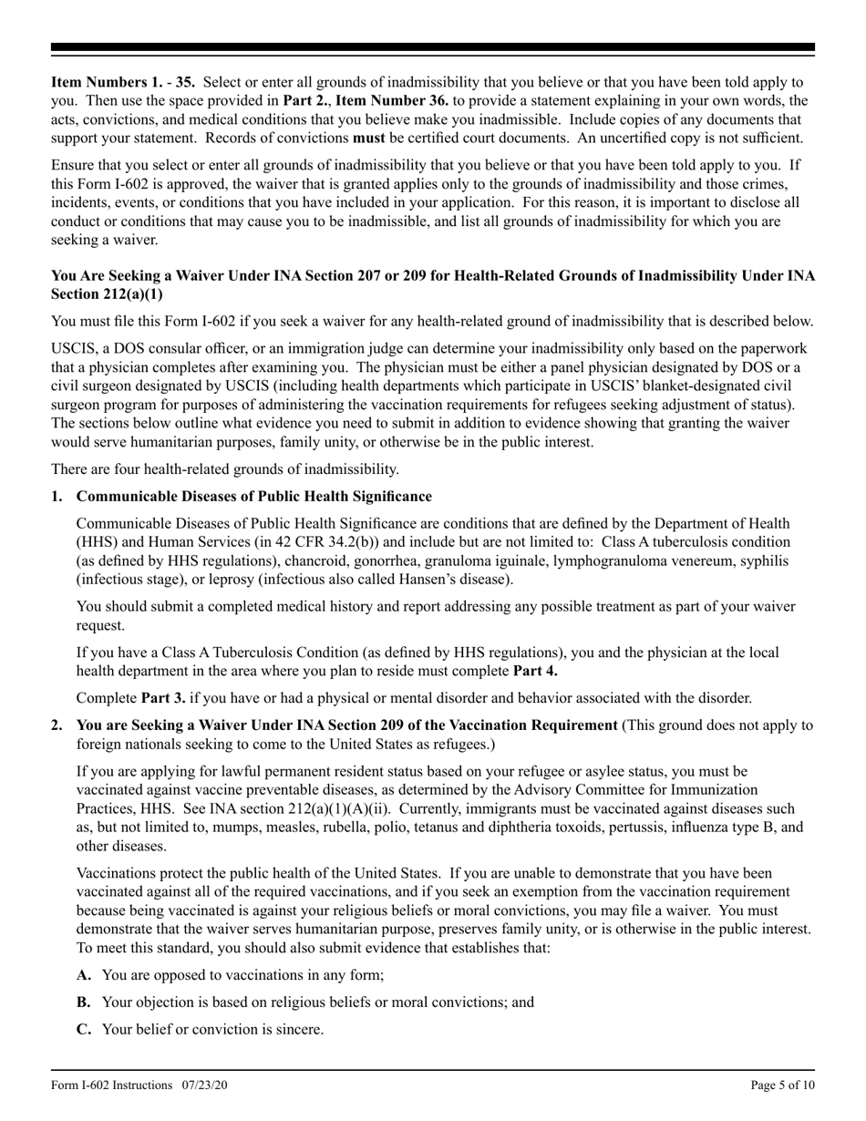 Instructions for USCIS Form I-602 Application by Refugee for Waiver of Inadmissibility Grounds, Page 5
