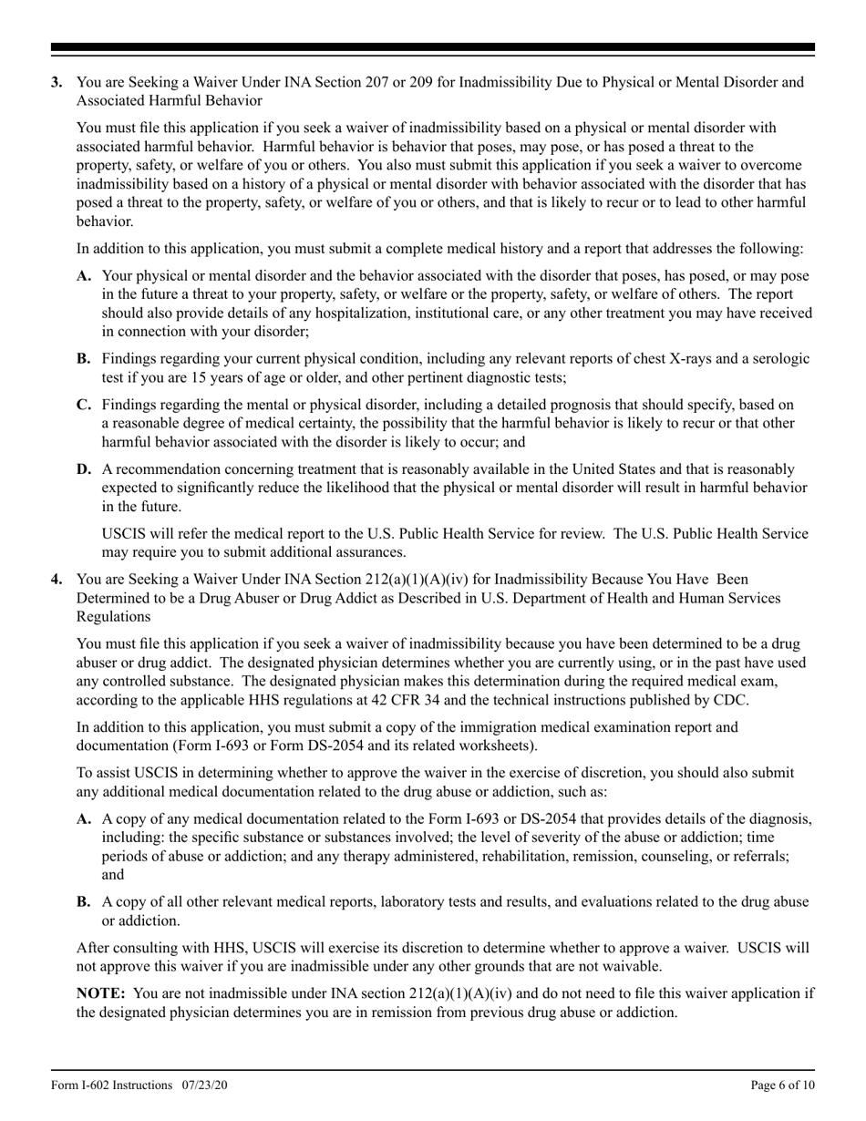 Instructions for USCIS Form I-602 Application by Refugee for Waiver of Inadmissibility Grounds, Page 6