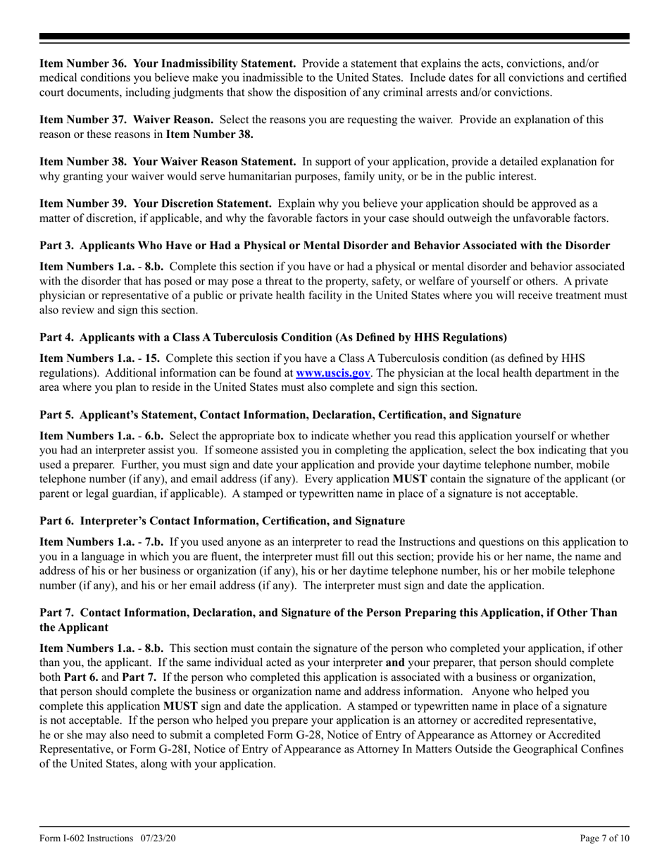 Instructions for USCIS Form I-602 Application by Refugee for Waiver of Inadmissibility Grounds, Page 7