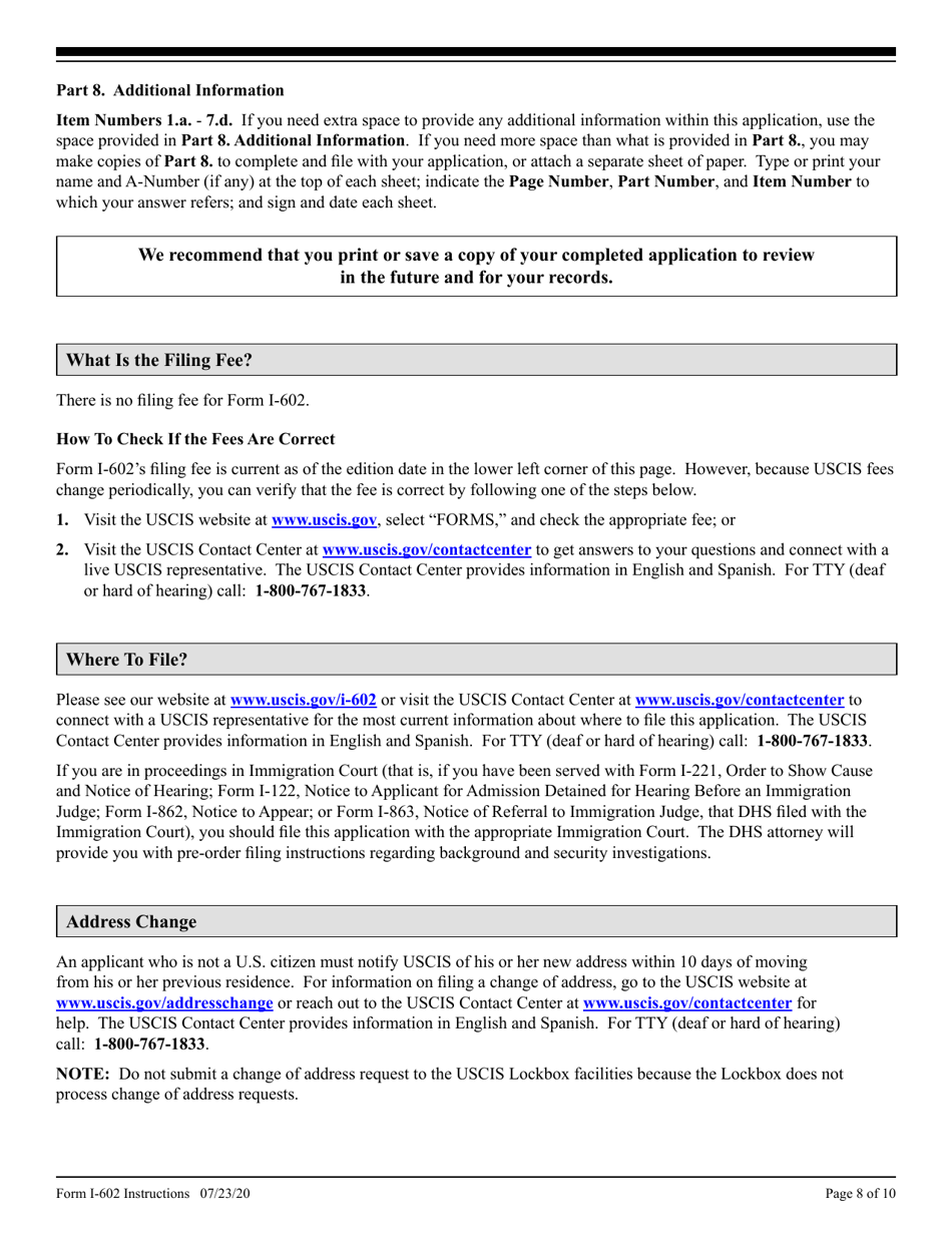 Instructions for USCIS Form I-602 Application by Refugee for Waiver of Inadmissibility Grounds, Page 8