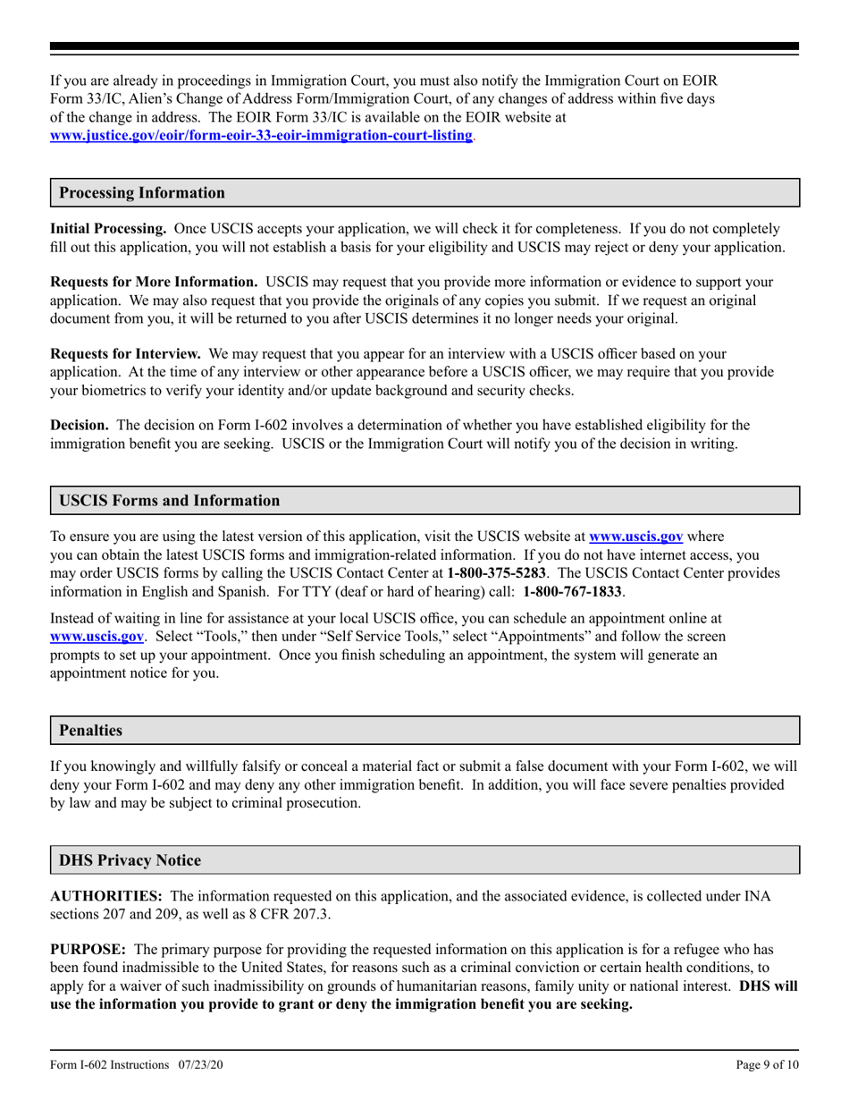 Instructions for USCIS Form I-602 Application by Refugee for Waiver of Inadmissibility Grounds, Page 9