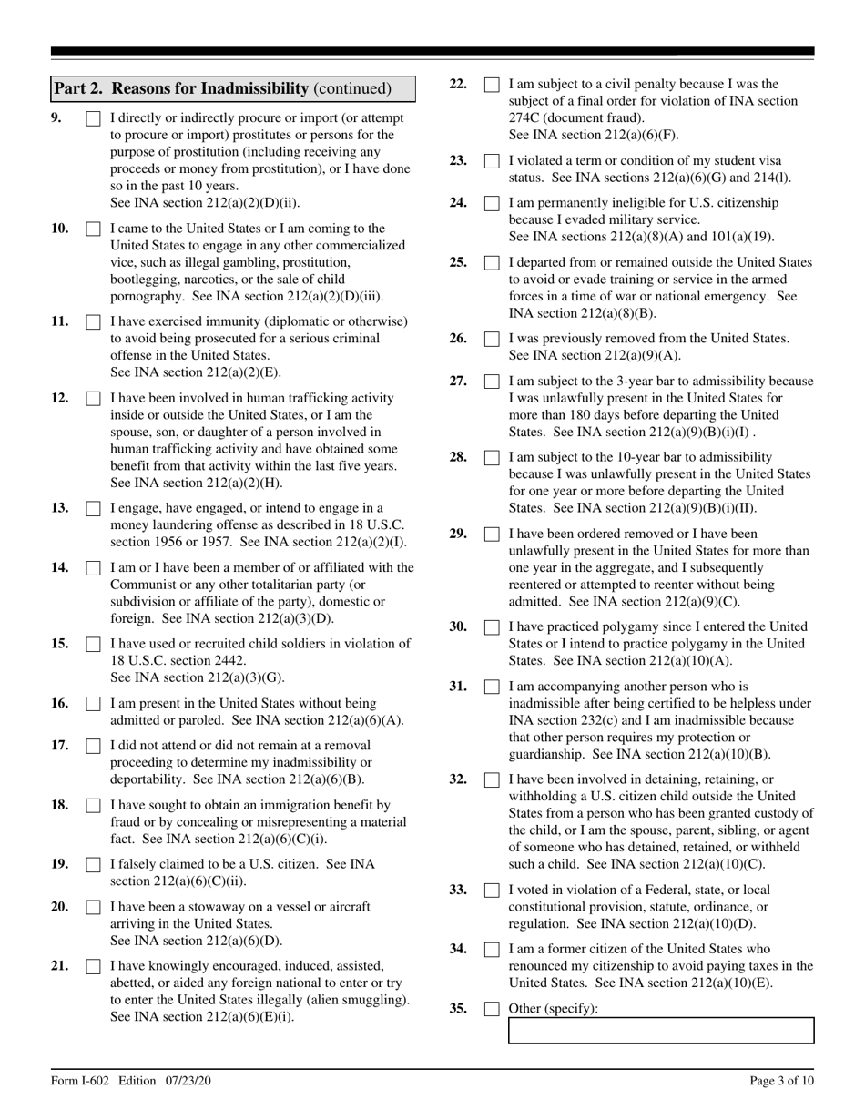 USCIS Form I-602 Application by Refugee for Waiver of Inadmissibility Grounds, Page 3