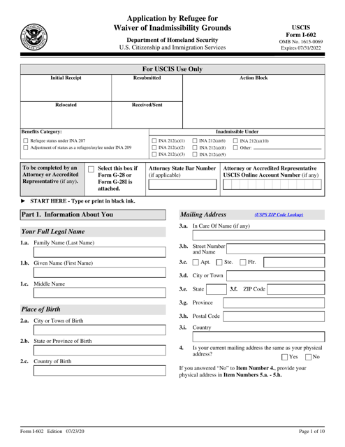 USCIS Form I-602  Printable Pdf