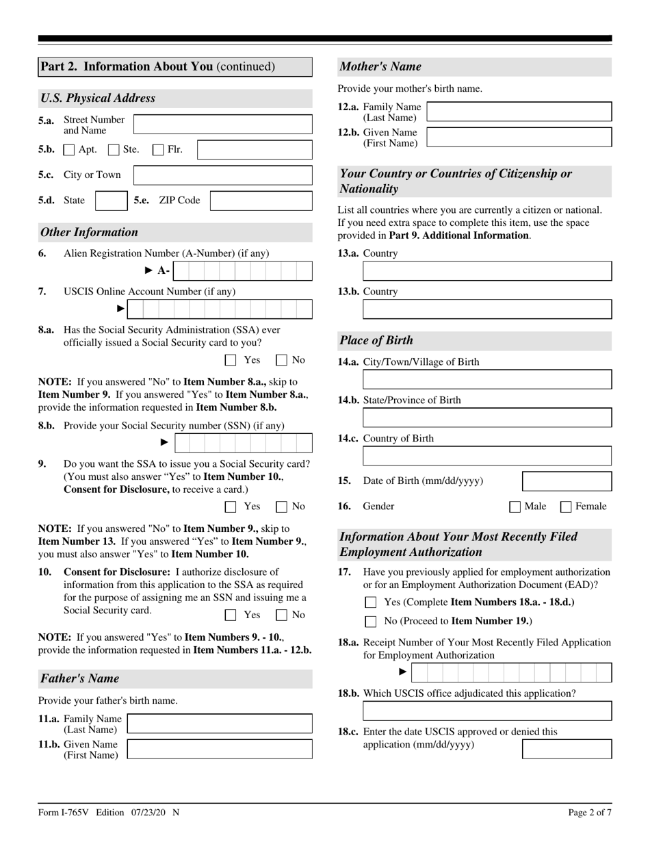 USCIS Form I-765V Application for Employment Authorization for Abused Nonimmigrant Spouse, Page 2