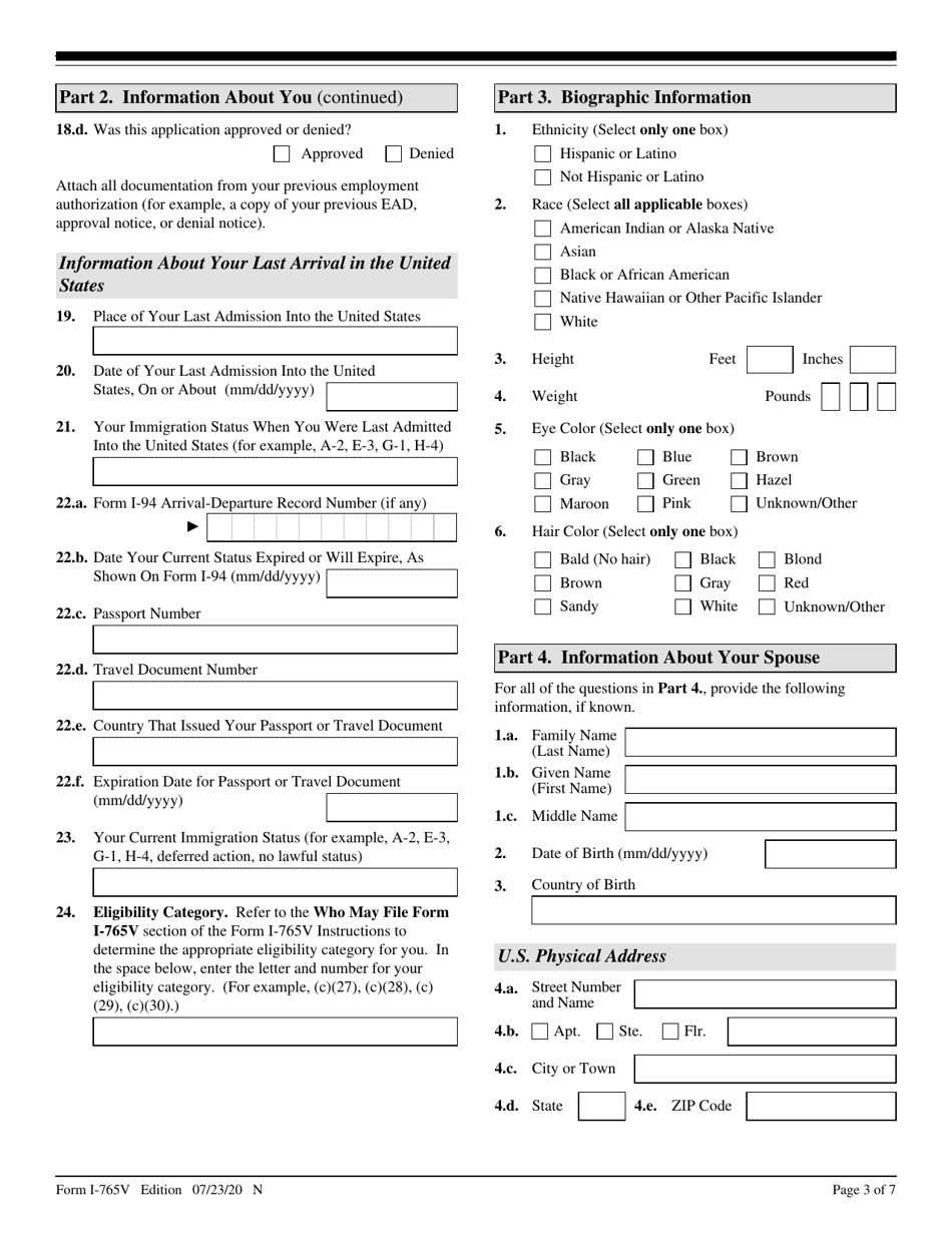 USCIS Form I-765V Application for Employment Authorization for Abused Nonimmigrant Spouse, Page 3