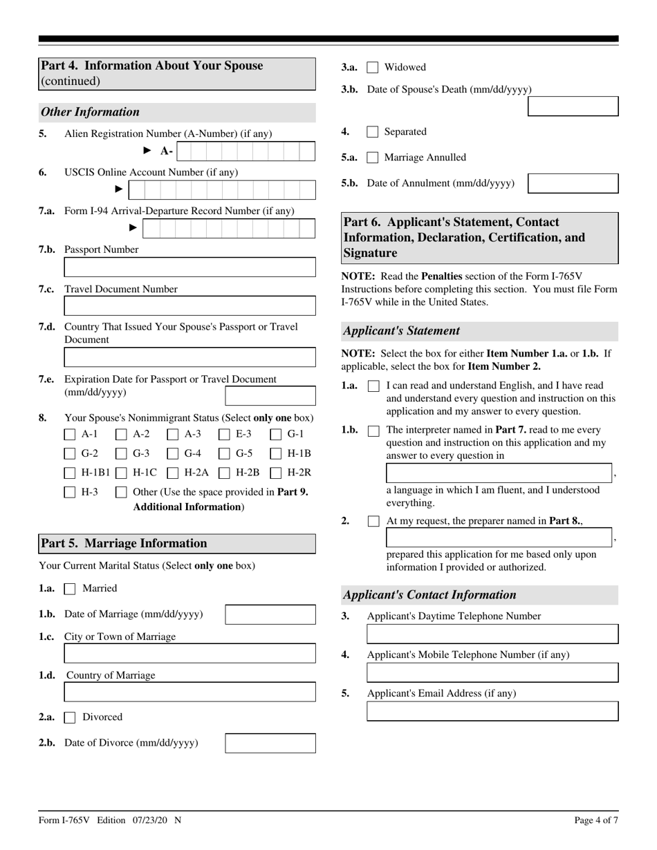 USCIS Form I-765V Application for Employment Authorization for Abused Nonimmigrant Spouse, Page 4