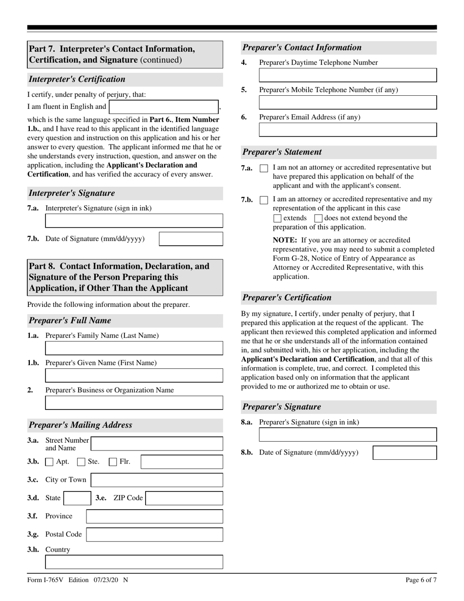 USCIS Form I-765V Application for Employment Authorization for Abused Nonimmigrant Spouse, Page 6