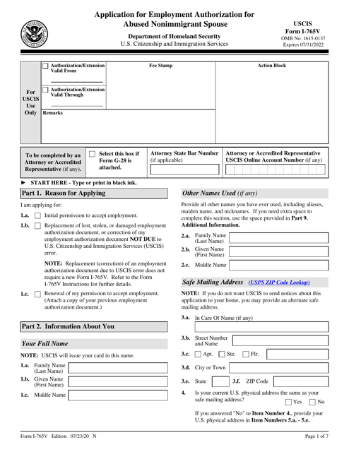 USCIS Form I-765V  Printable Pdf
