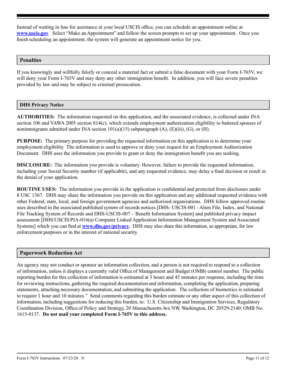 Instructions for USCIS Form I-765V Application for Employment Authorization for Abused Nonimmigrant Spouse, Page 11