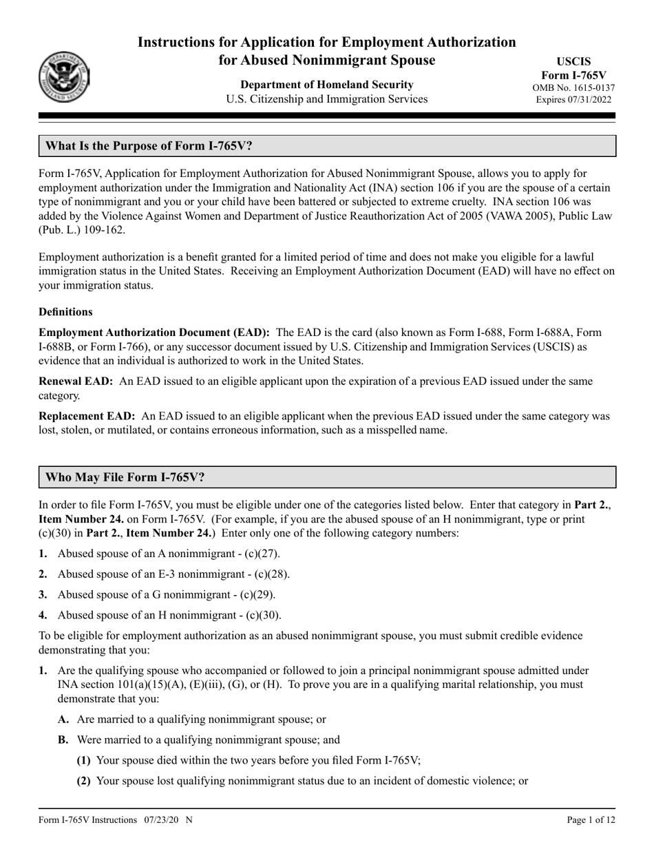 Instructions for USCIS Form I-765V Application for Employment Authorization for Abused Nonimmigrant Spouse, Page 1