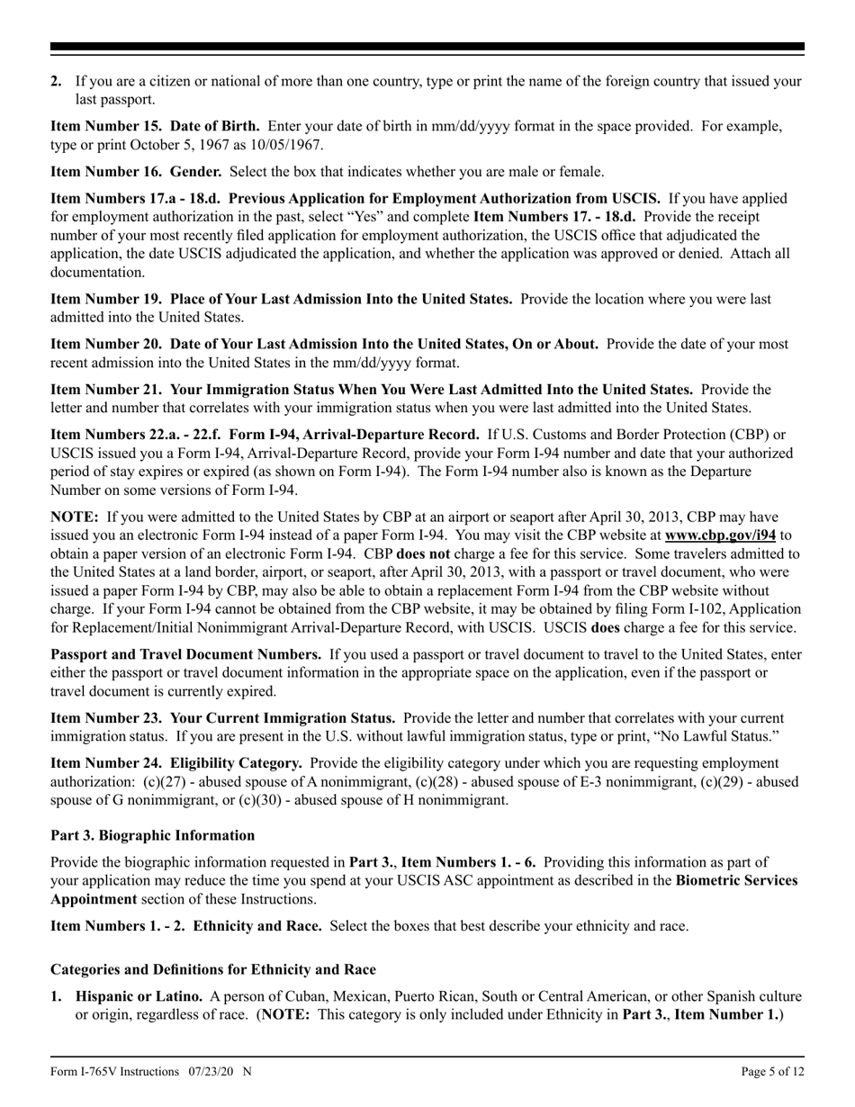 Instructions for USCIS Form I-765V Application for Employment Authorization for Abused Nonimmigrant Spouse, Page 5