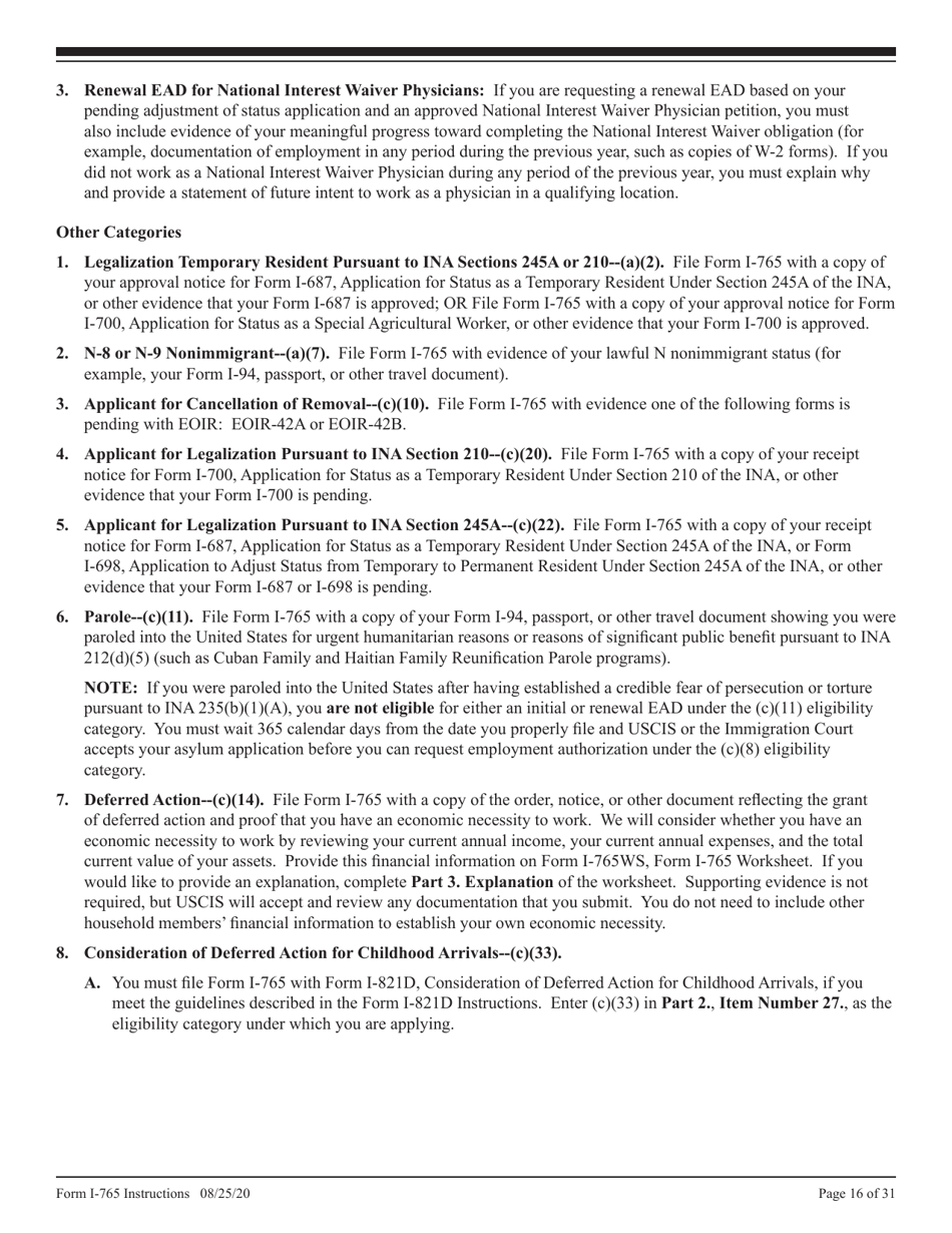 Instructions for USCIS Form I-765 Application for Employment Authorization, Page 16