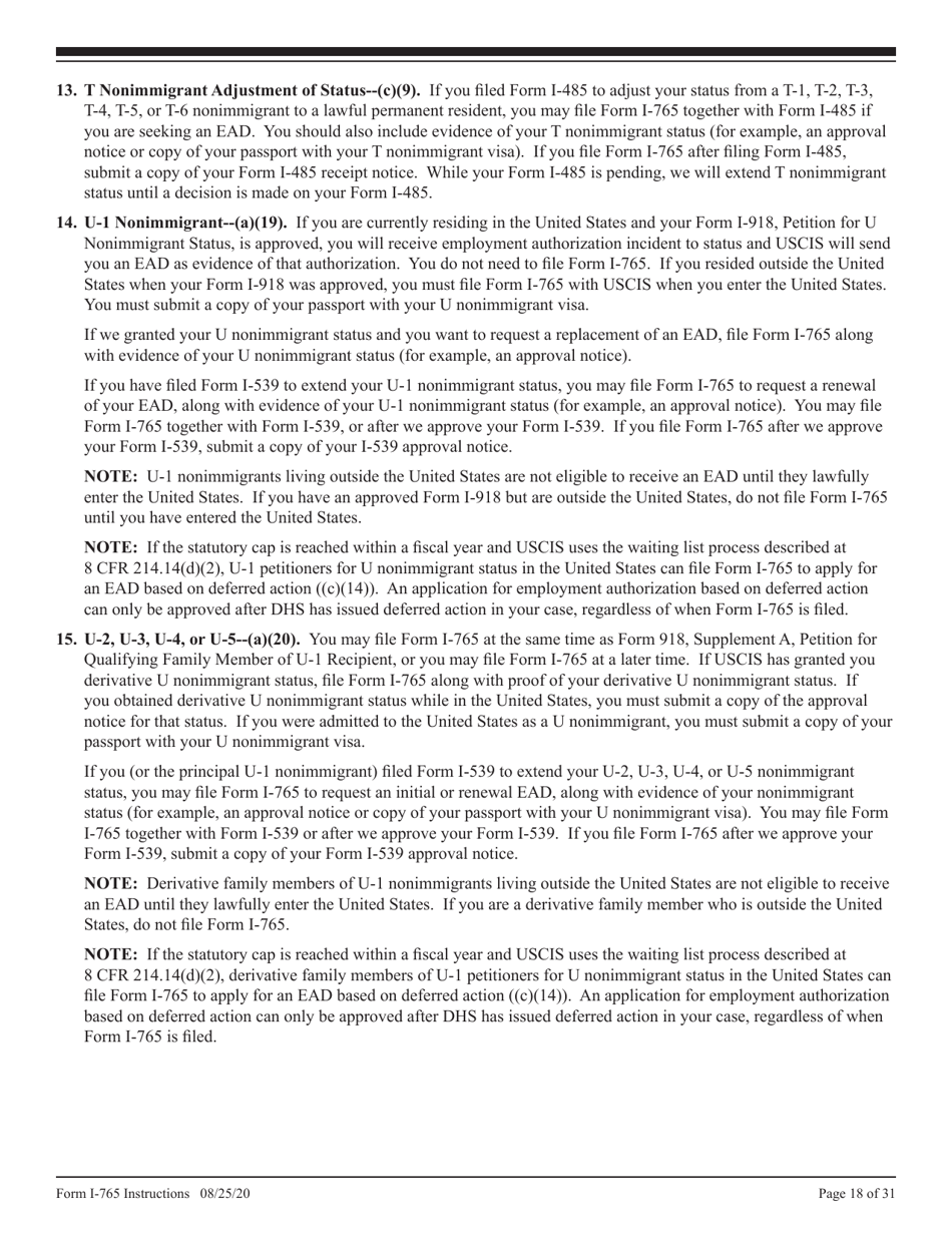 Instructions for USCIS Form I-765 Application for Employment Authorization, Page 18