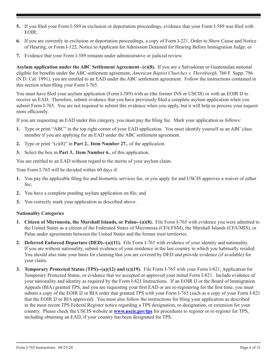 Instructions for USCIS Form I-765 Application for Employment Authorization, Page 6