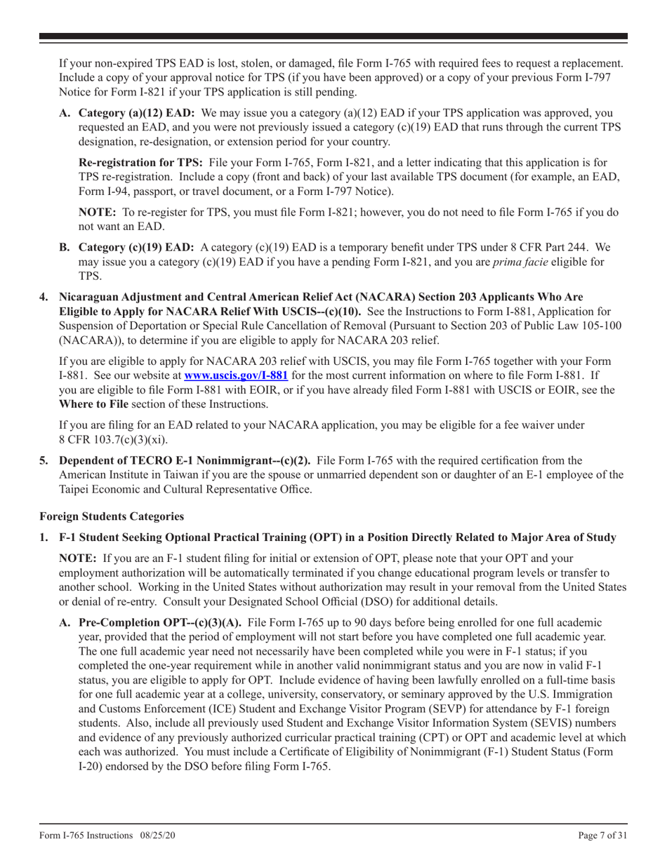 Instructions for USCIS Form I-765 Application for Employment Authorization, Page 7