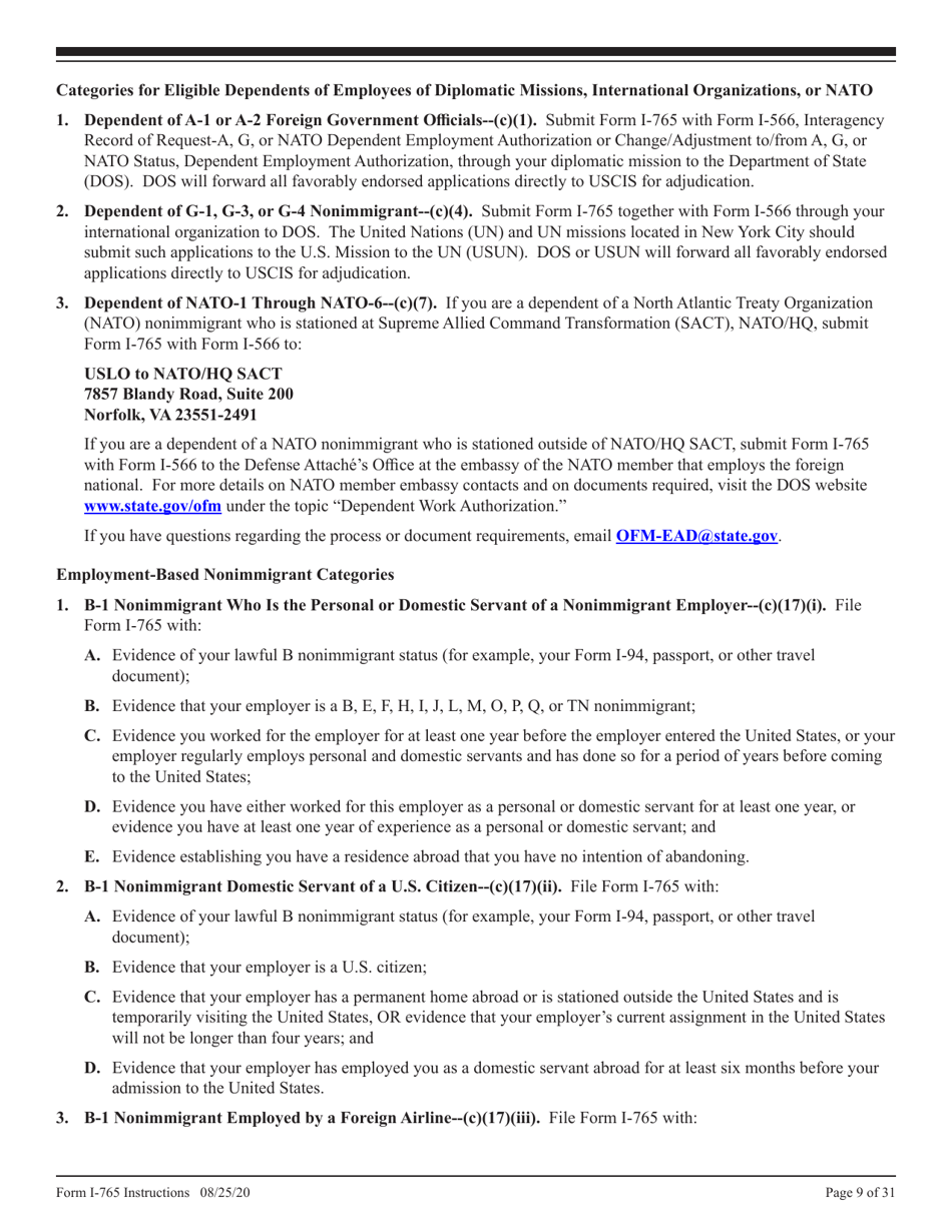 Instructions for USCIS Form I-765 Application for Employment Authorization, Page 9