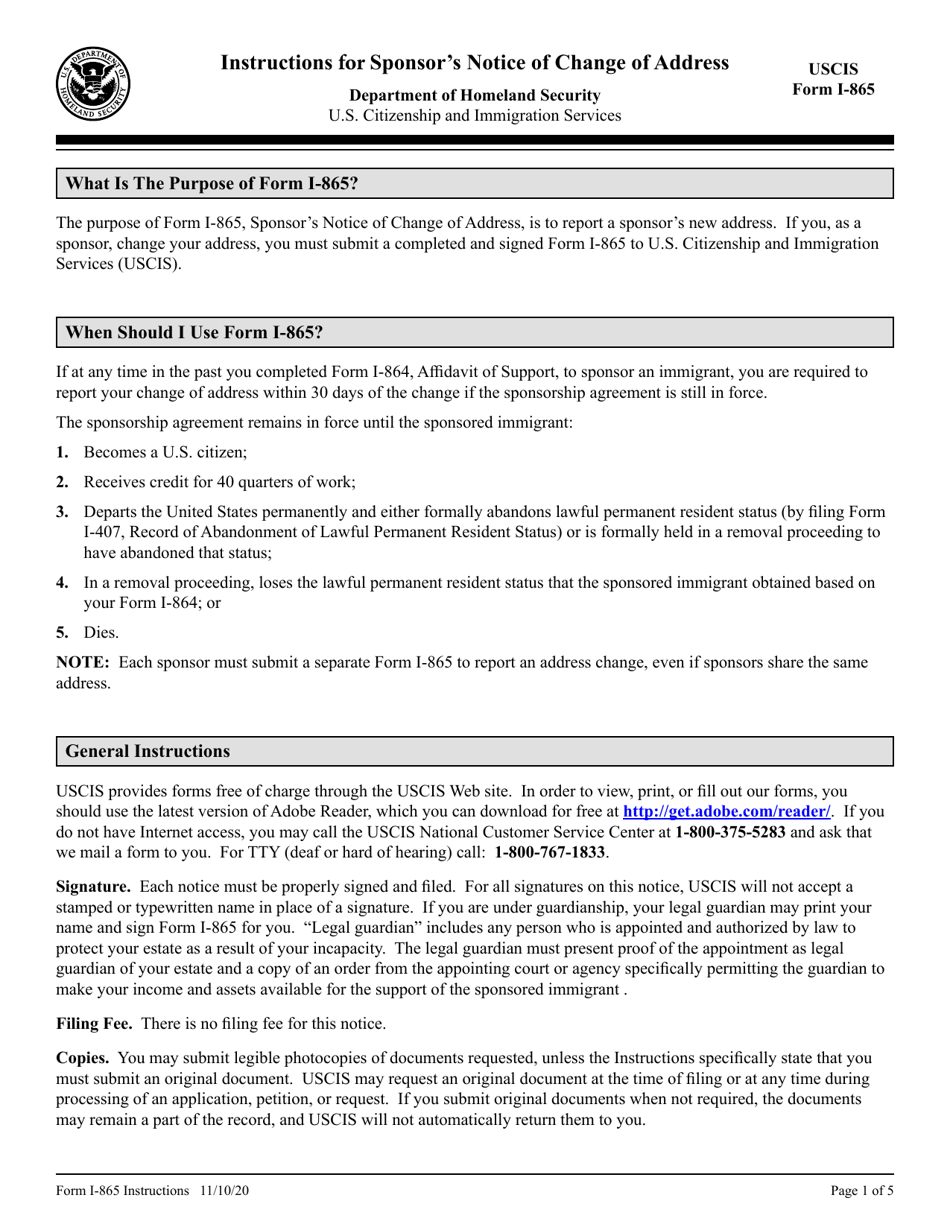 Download Instructions for USCIS Form I-865 Sponsor's Notice of Change ...