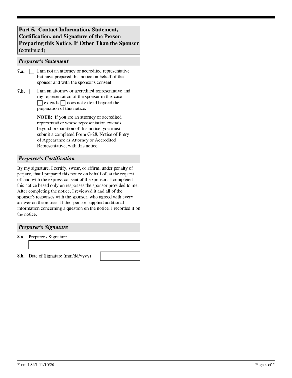 USCIS Form I-865 Sponsors Notice of Change of Address, Page 4