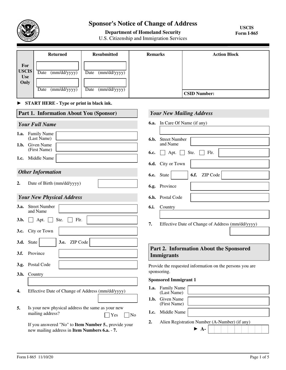 USCIS Form I-865 Download Fillable PDF or Fill Online Sponsor's Notice ...