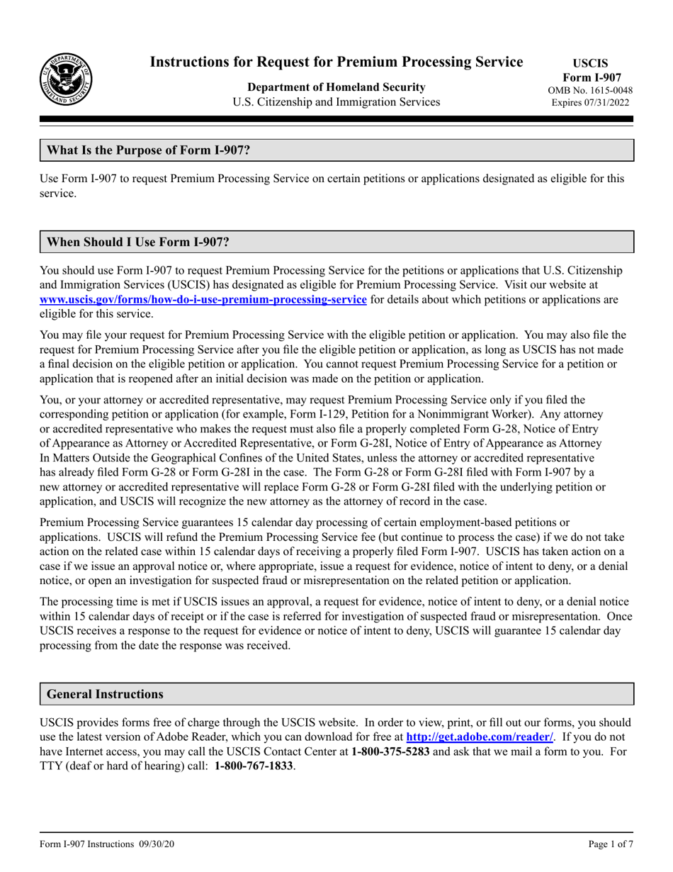 Instructions for USCIS Form I-907 Request for Premium Processing Service, Page 1