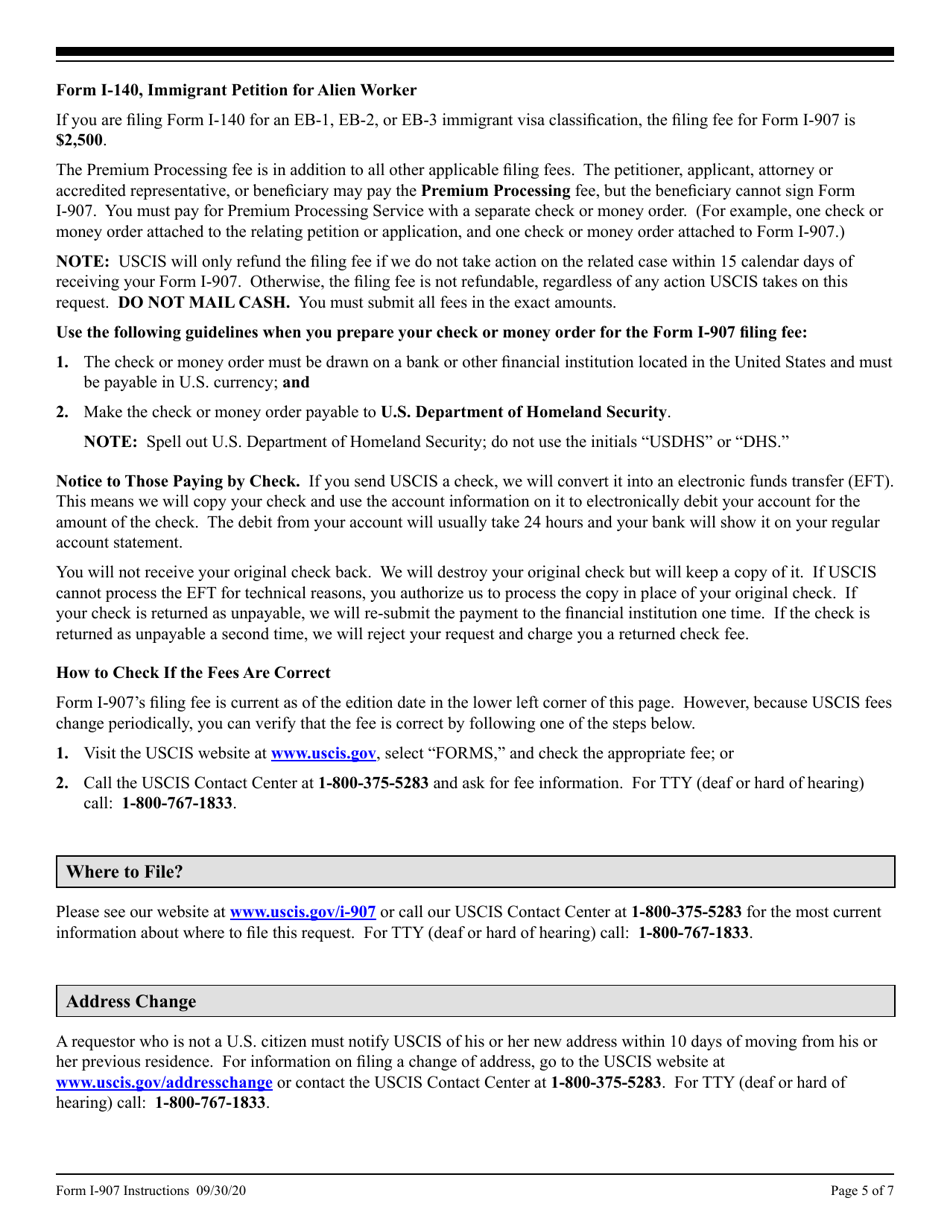 Instructions for USCIS Form I-907 Request for Premium Processing Service, Page 5