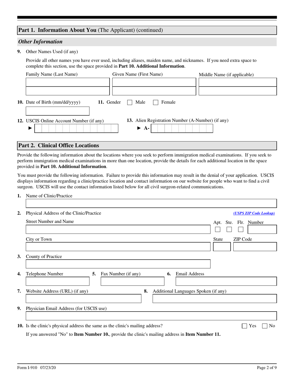 USCIS Form I-910 Application for Civil Surgeon Designation, Page 2