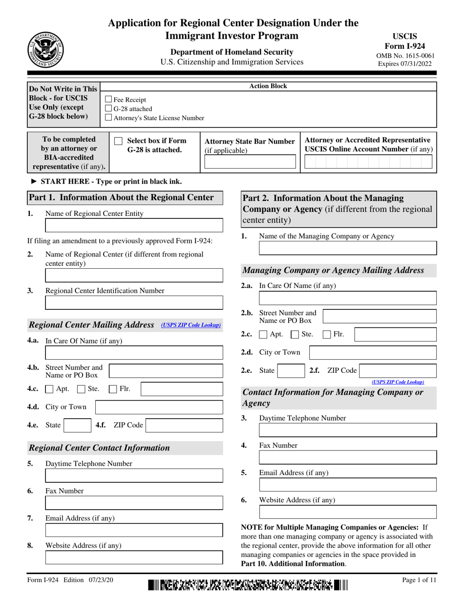 USCIS Form I-924 Application for Regional Center Designation Under the Immigrant Investor Program, Page 1