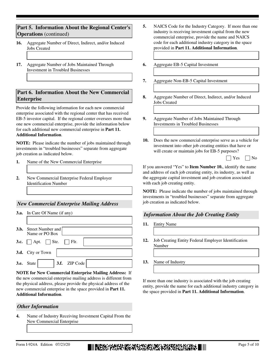 USCIS Form I-924A Annual Certification of Regional Center, Page 5
