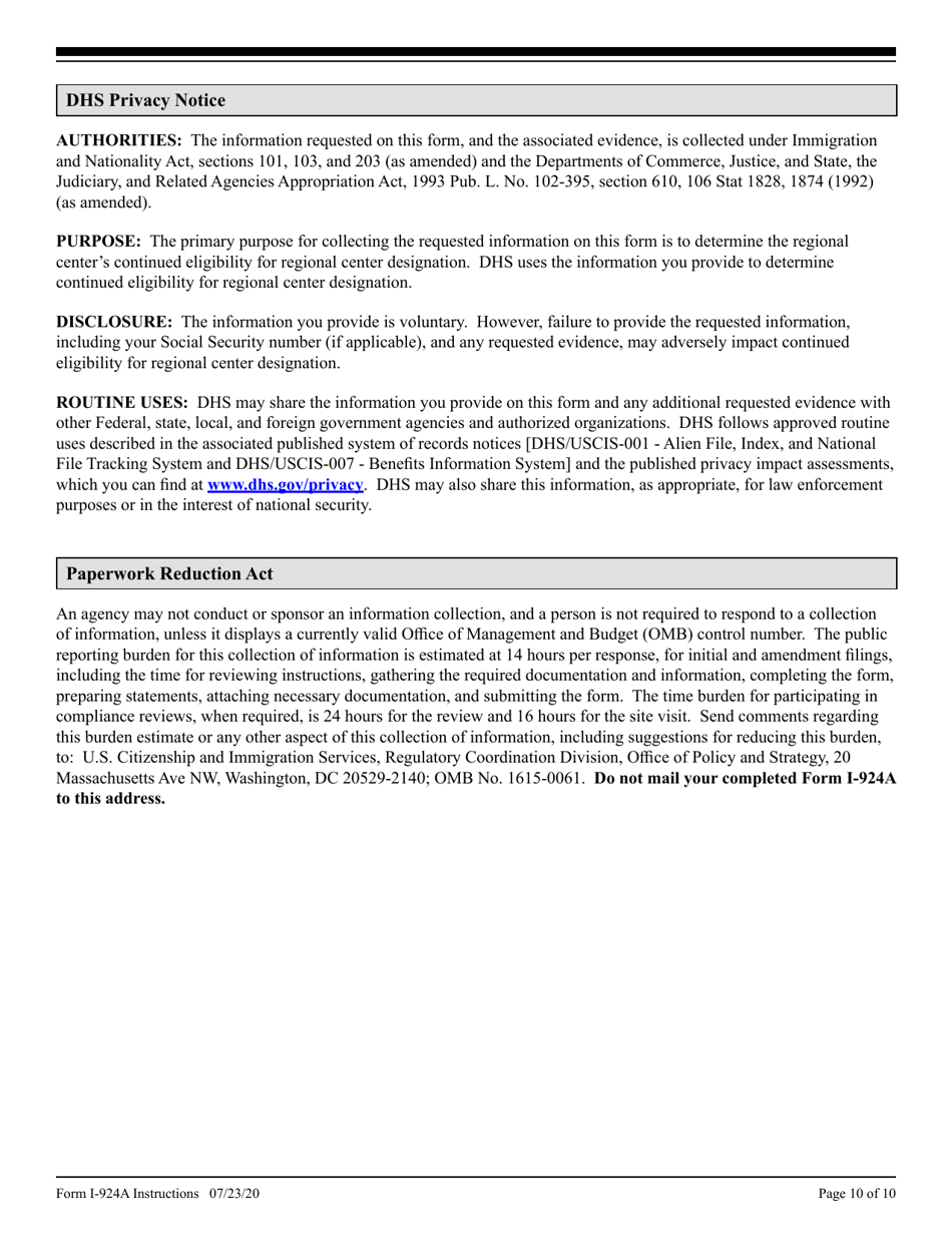 Instructions for USCIS Form I-924A Annual Certification of Regional Center, Page 10