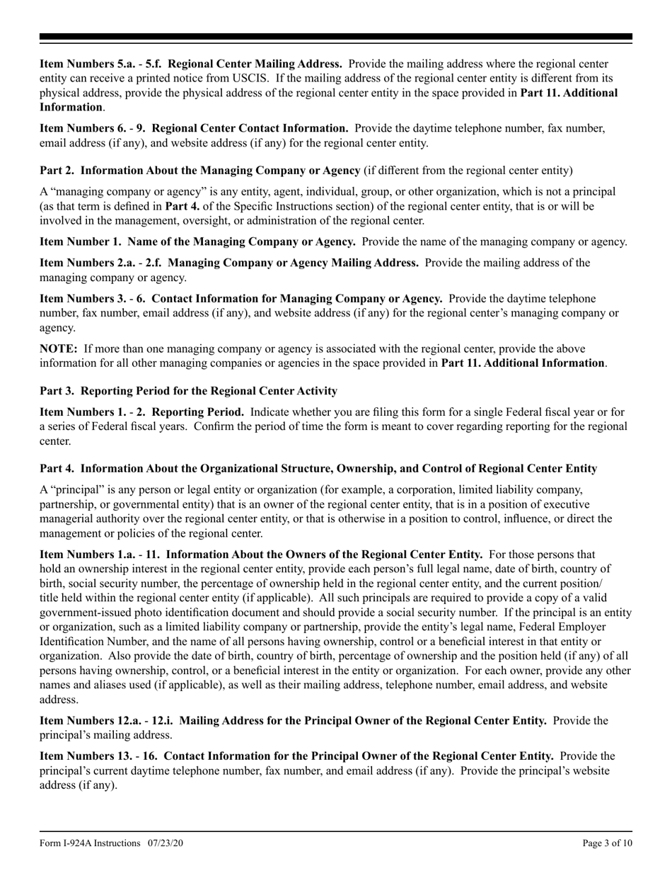 Instructions for USCIS Form I-924A Annual Certification of Regional Center, Page 3