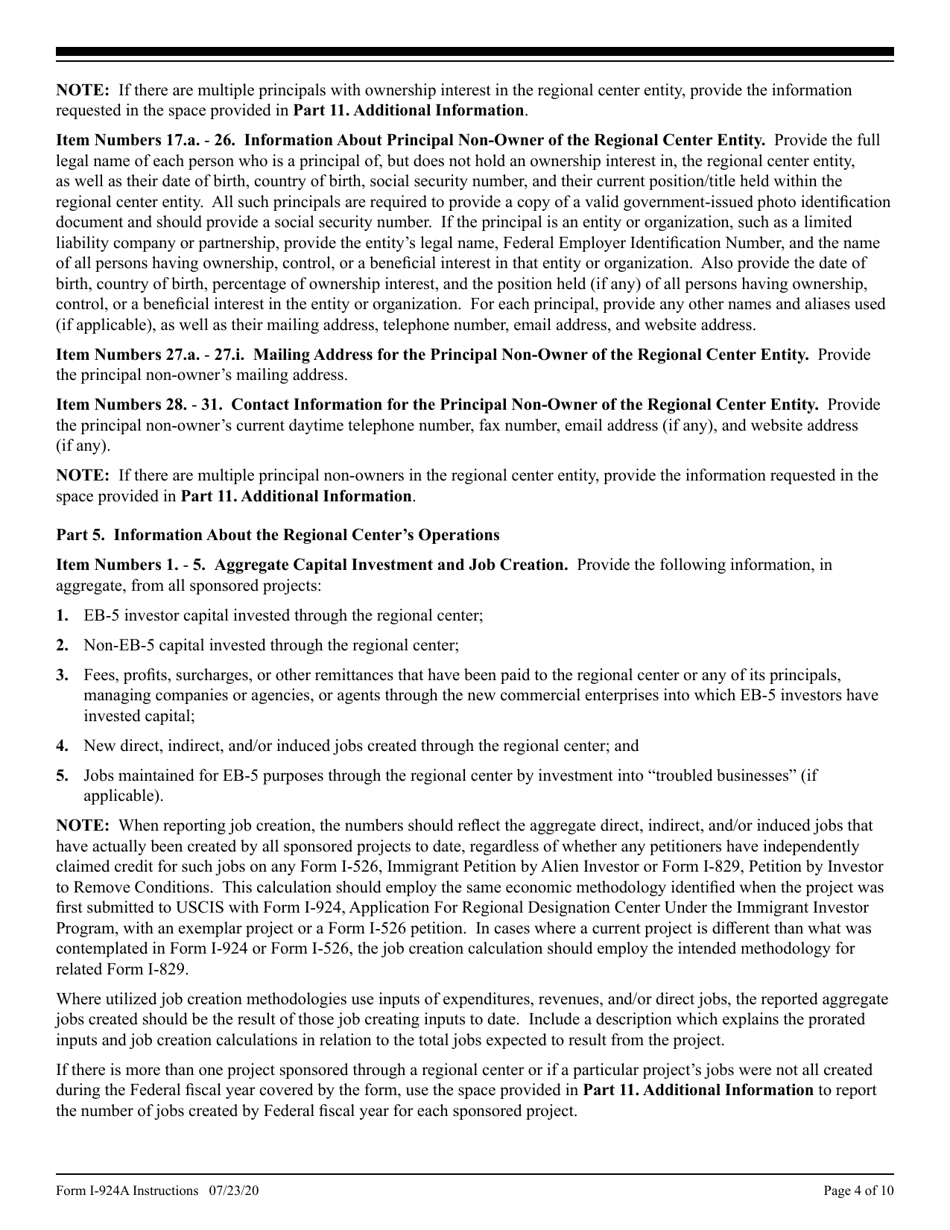 Instructions for USCIS Form I-924A Annual Certification of Regional Center, Page 4