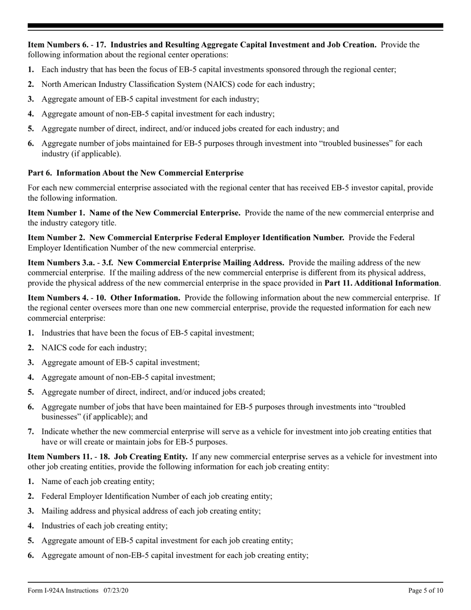 Instructions for USCIS Form I-924A Annual Certification of Regional Center, Page 5