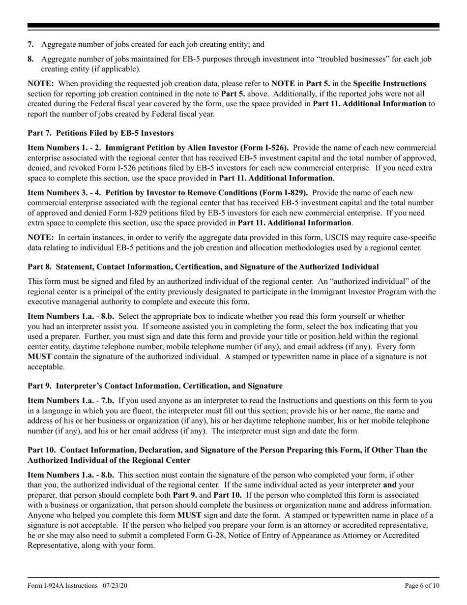 Instructions for USCIS Form I-924A Annual Certification of Regional Center, Page 6