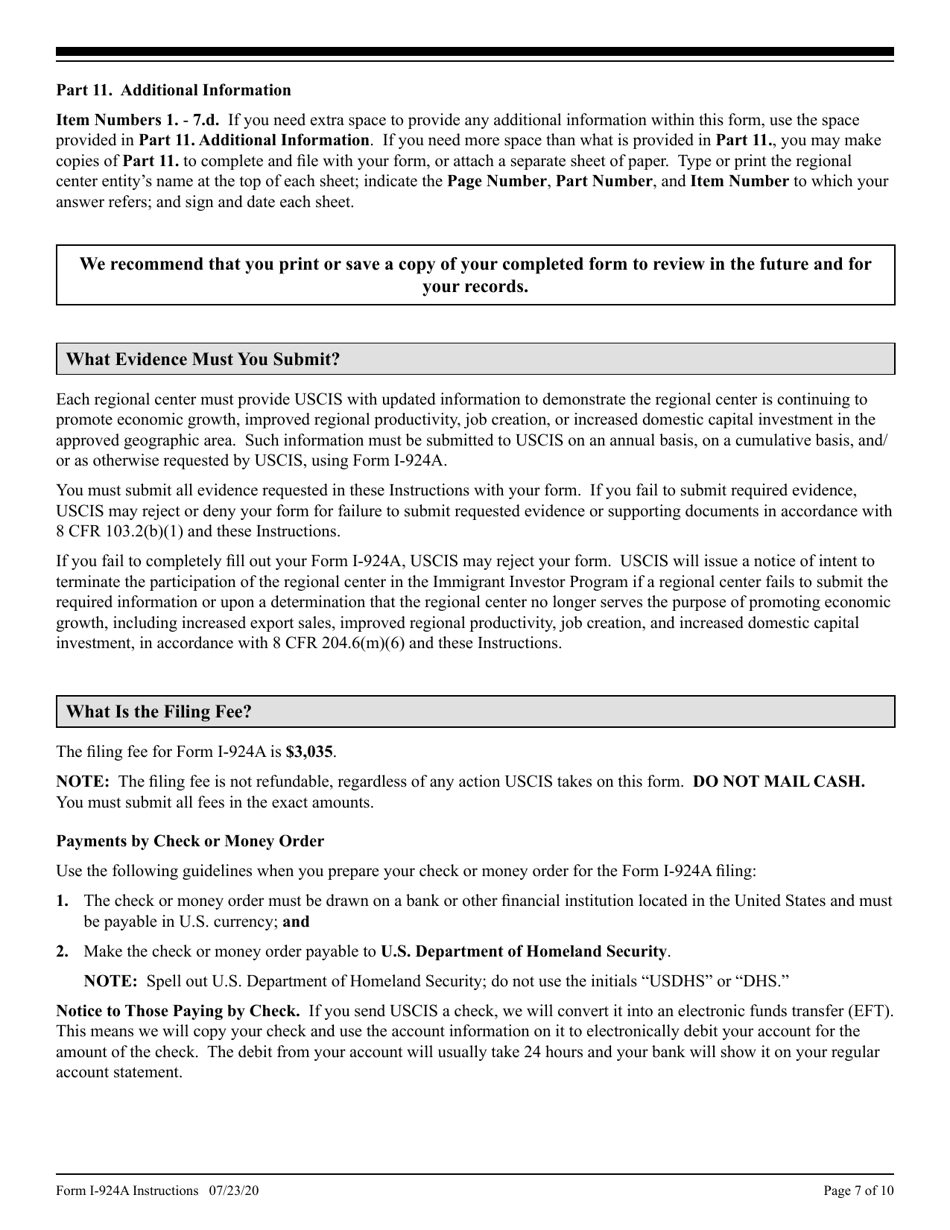 Instructions for USCIS Form I-924A Annual Certification of Regional Center, Page 7