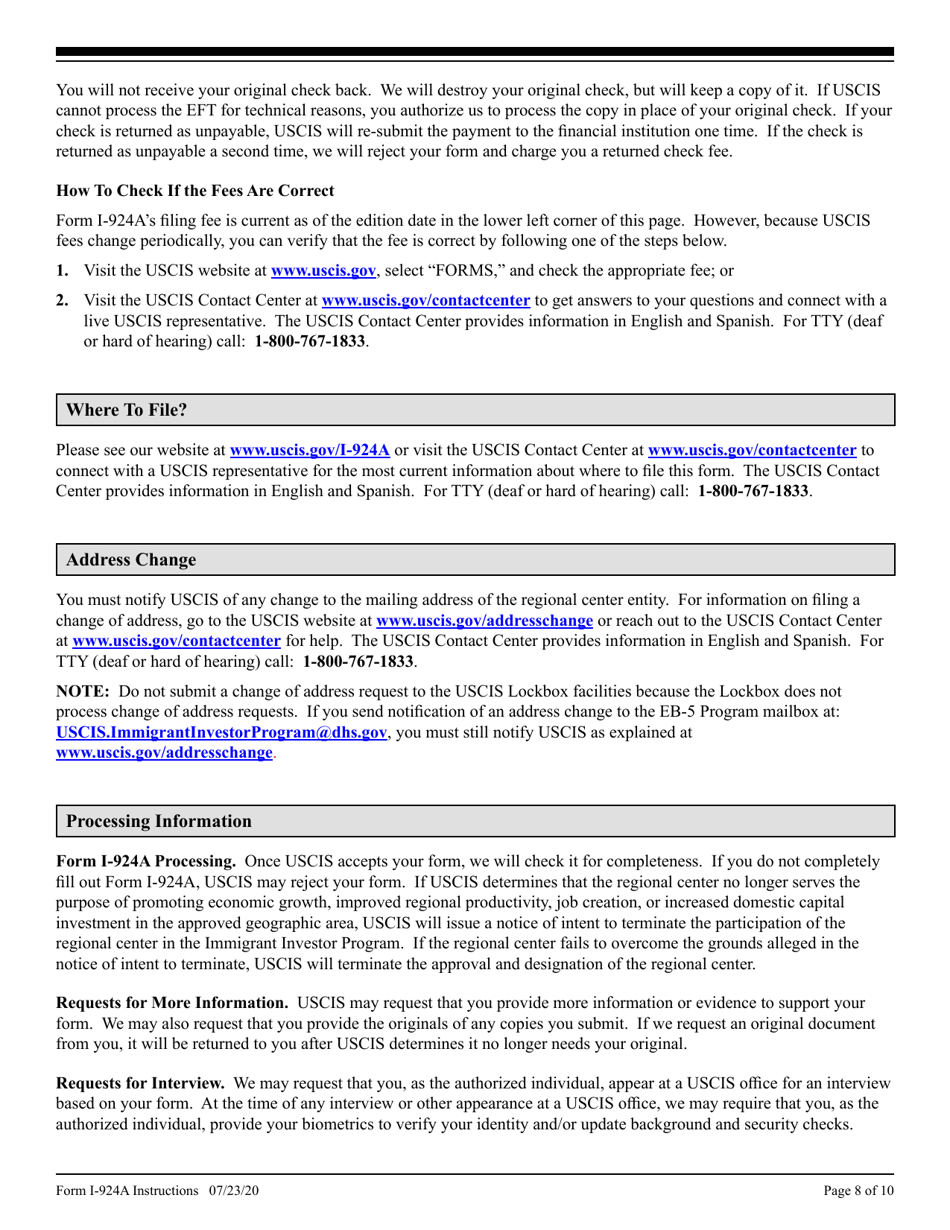 Instructions for USCIS Form I-924A Annual Certification of Regional Center, Page 8