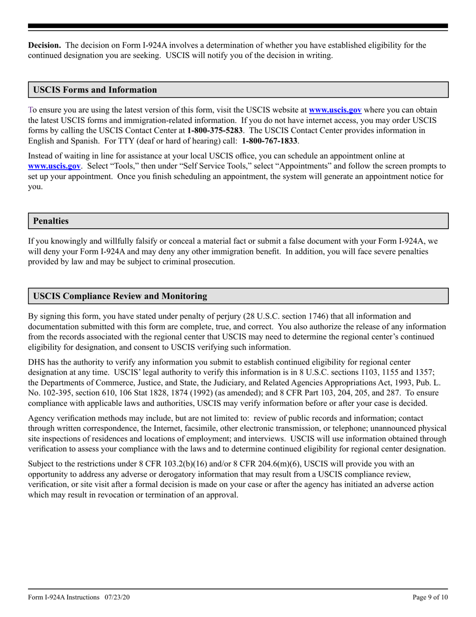Instructions for USCIS Form I-924A Annual Certification of Regional Center, Page 9