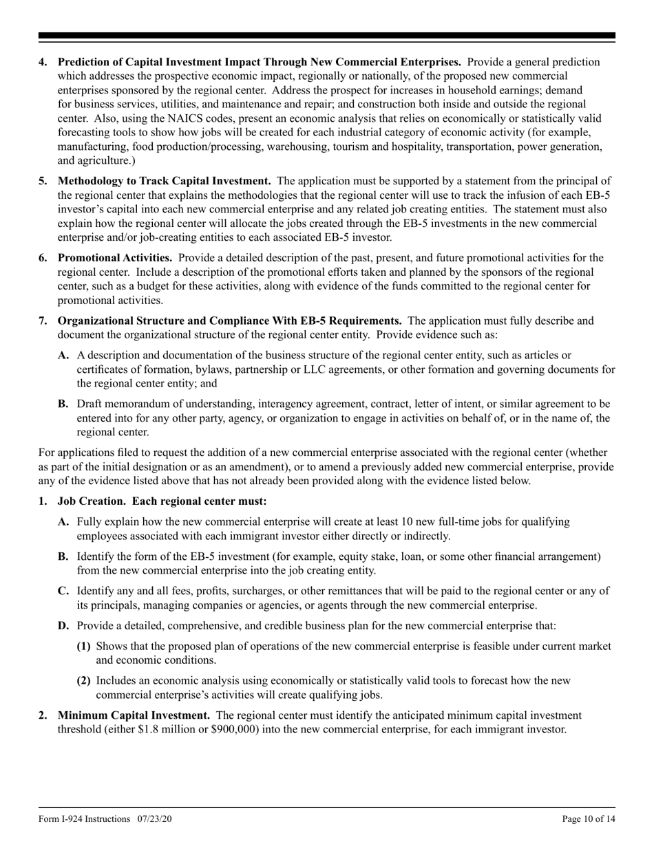 Instructions for USCIS Form I-924 Application for Regional Center Designation Under the Immigrant Investor Program, Page 10