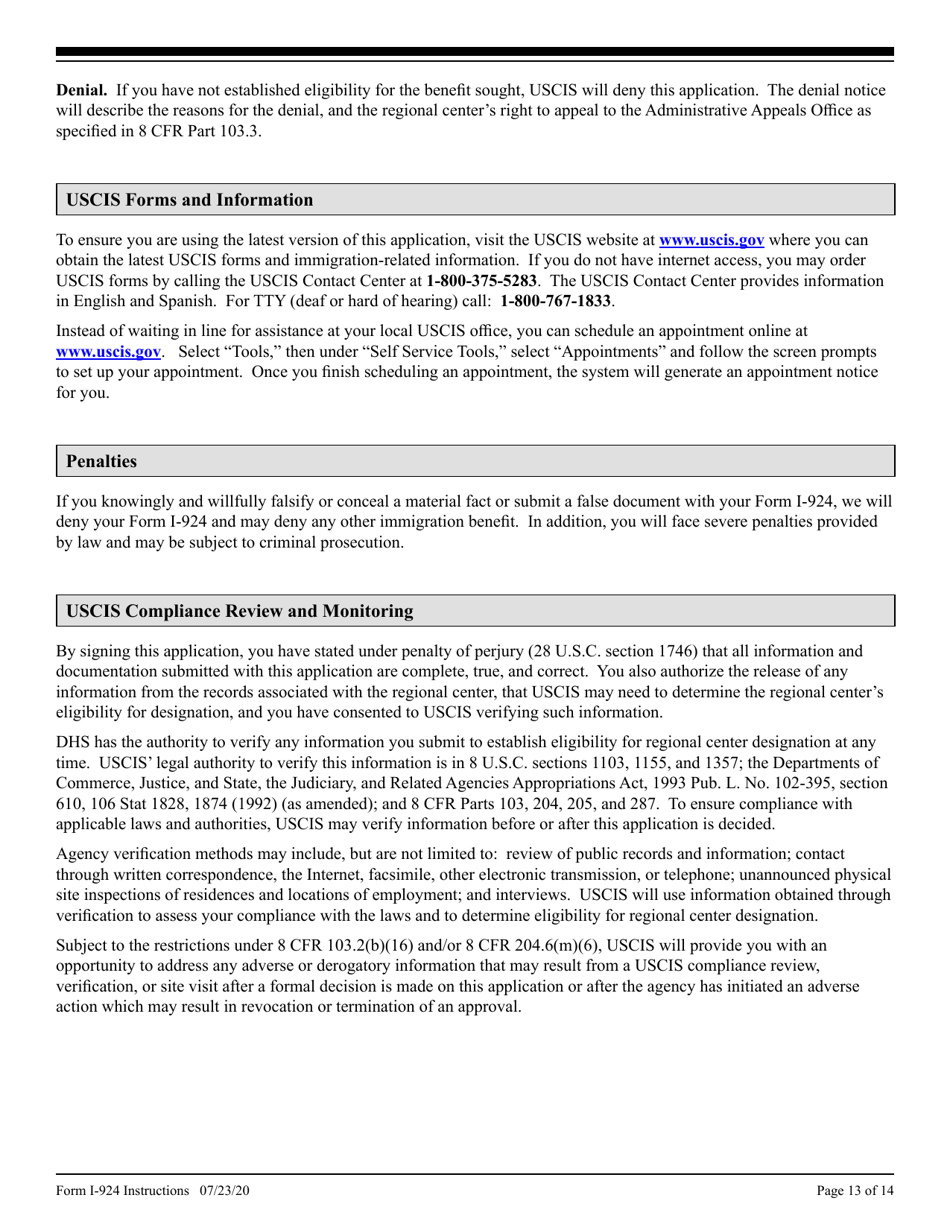 Instructions for USCIS Form I-924 Application for Regional Center Designation Under the Immigrant Investor Program, Page 13