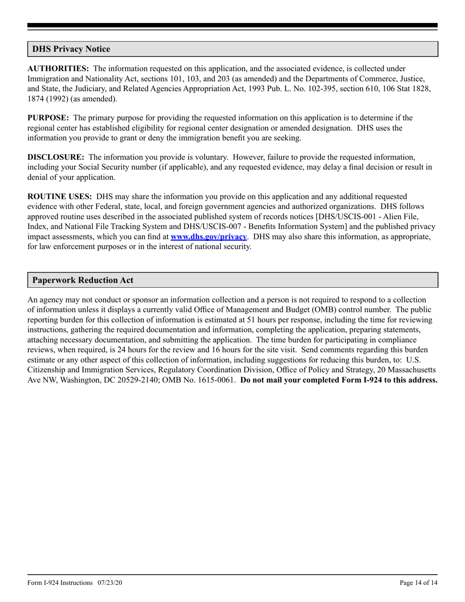 Instructions for USCIS Form I-924 Application for Regional Center Designation Under the Immigrant Investor Program, Page 14
