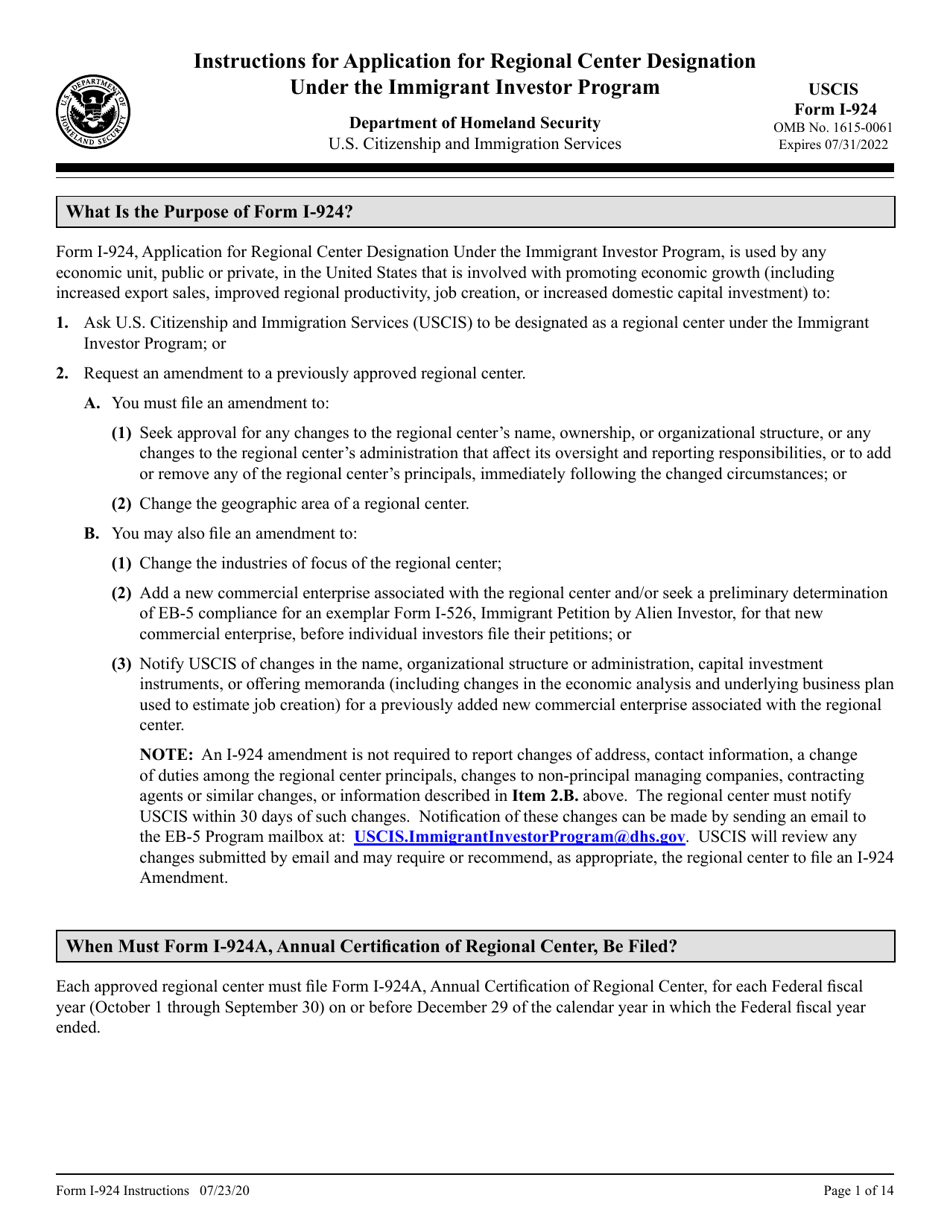 Instructions for USCIS Form I-924 Application for Regional Center Designation Under the Immigrant Investor Program, Page 1