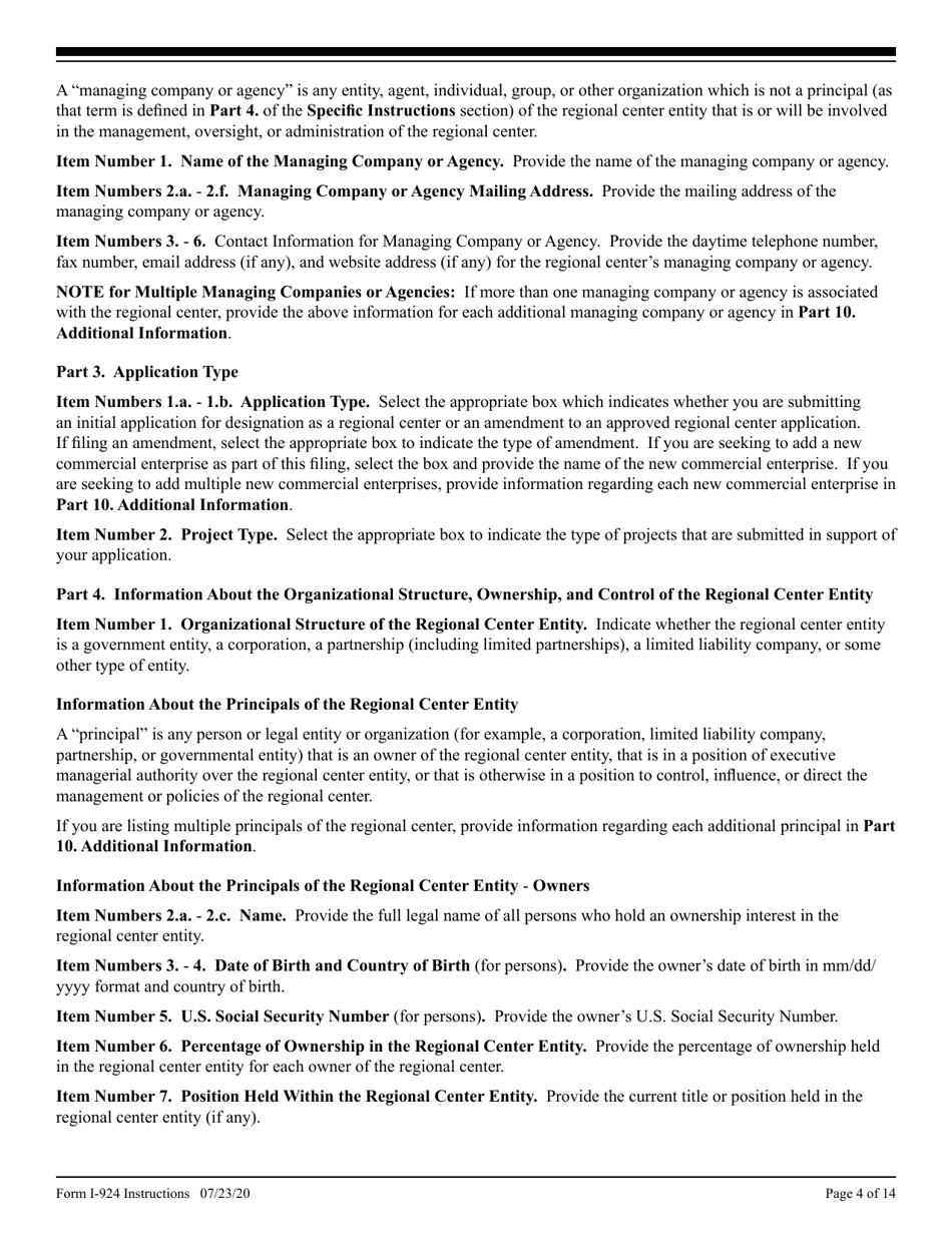 Instructions for USCIS Form I-924 Application for Regional Center Designation Under the Immigrant Investor Program, Page 4